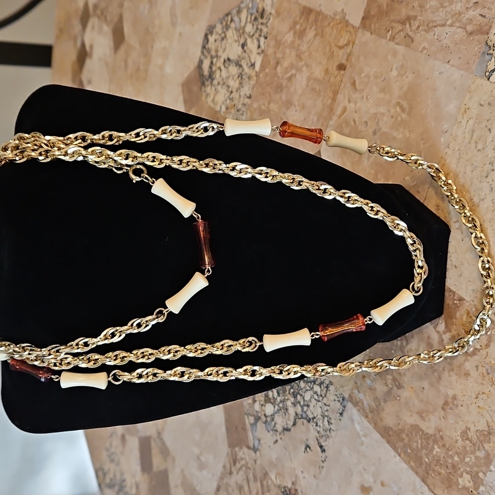 Sarah Cov Coventry Applause Long Necklace Amber Cream Lucite Cylinder Beads